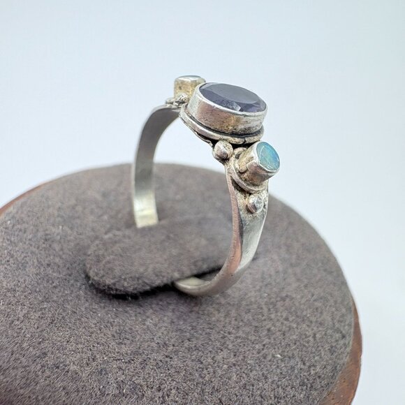 VTG Sterling Silver 925 Amethyst & Opal Bezel Set Ring Size 7 - Picture 3 of 7